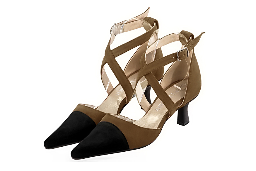 French elegance and refinement for these matt black and chocolate brown dress open side shoes, with crossed straps, 
                available in many subtle leather and colour combinations. Perfect model to feminize and enhance basic outfits.
Its adjustable straps will allow you a good support.
To personalize or not, according to your outfits or your desires.  
                Matching clutches for parties, ceremonies and weddings.   
                You can customize these shoes to perfectly match your tastes or needs, and have a unique model.  
                Choice of leathers, colours, knots and heels. 
                Wide range of materials and shades carefully chosen.  
                Rich collection of flat, low, mid and high heels.  
                Small and large shoe sizes - Florence KOOIJMAN